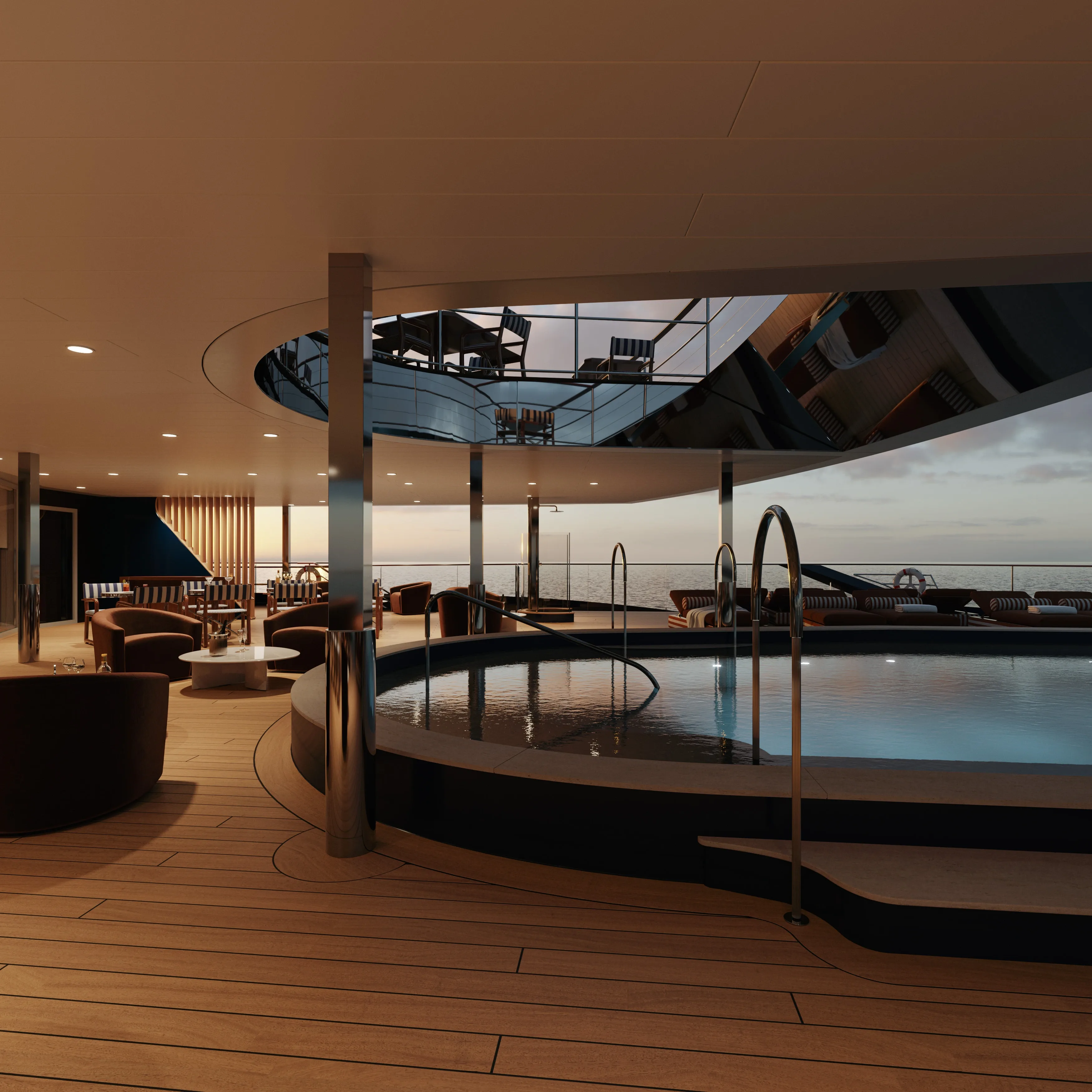 Outdoor pool at sunset
